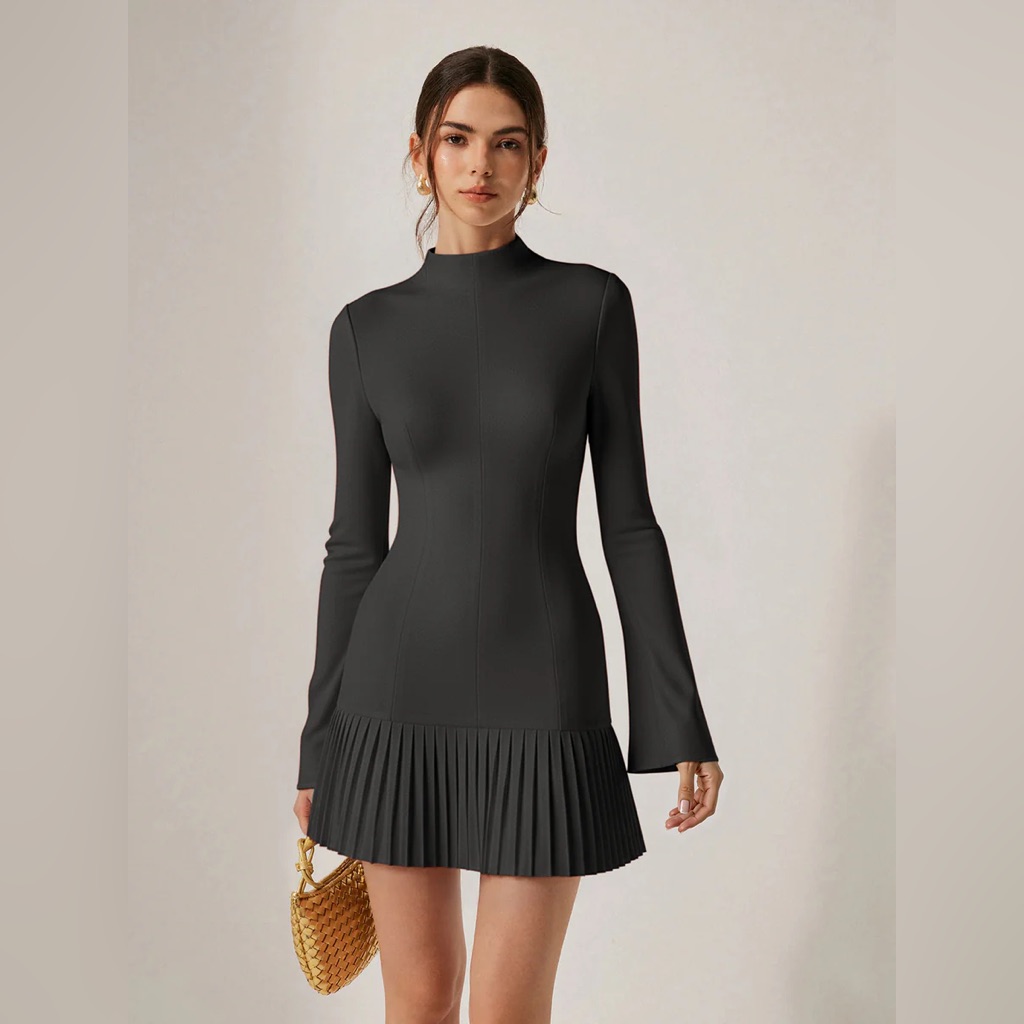 Commense Pleated Hem Mock Neck Mini Dress